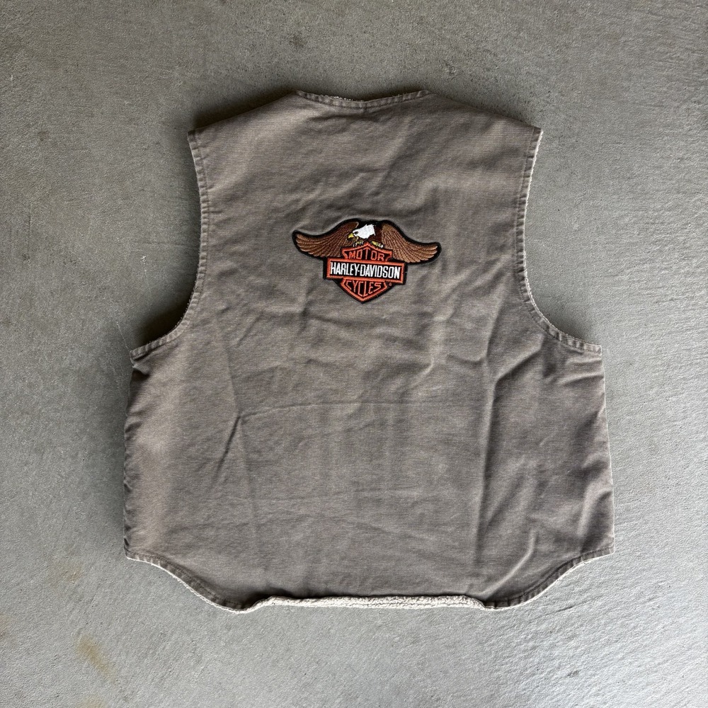 Carhartt Harley Davidson Sherpa Lined Biking Vest Taupe Tan Workwear Patch L - Picture 3 of 3